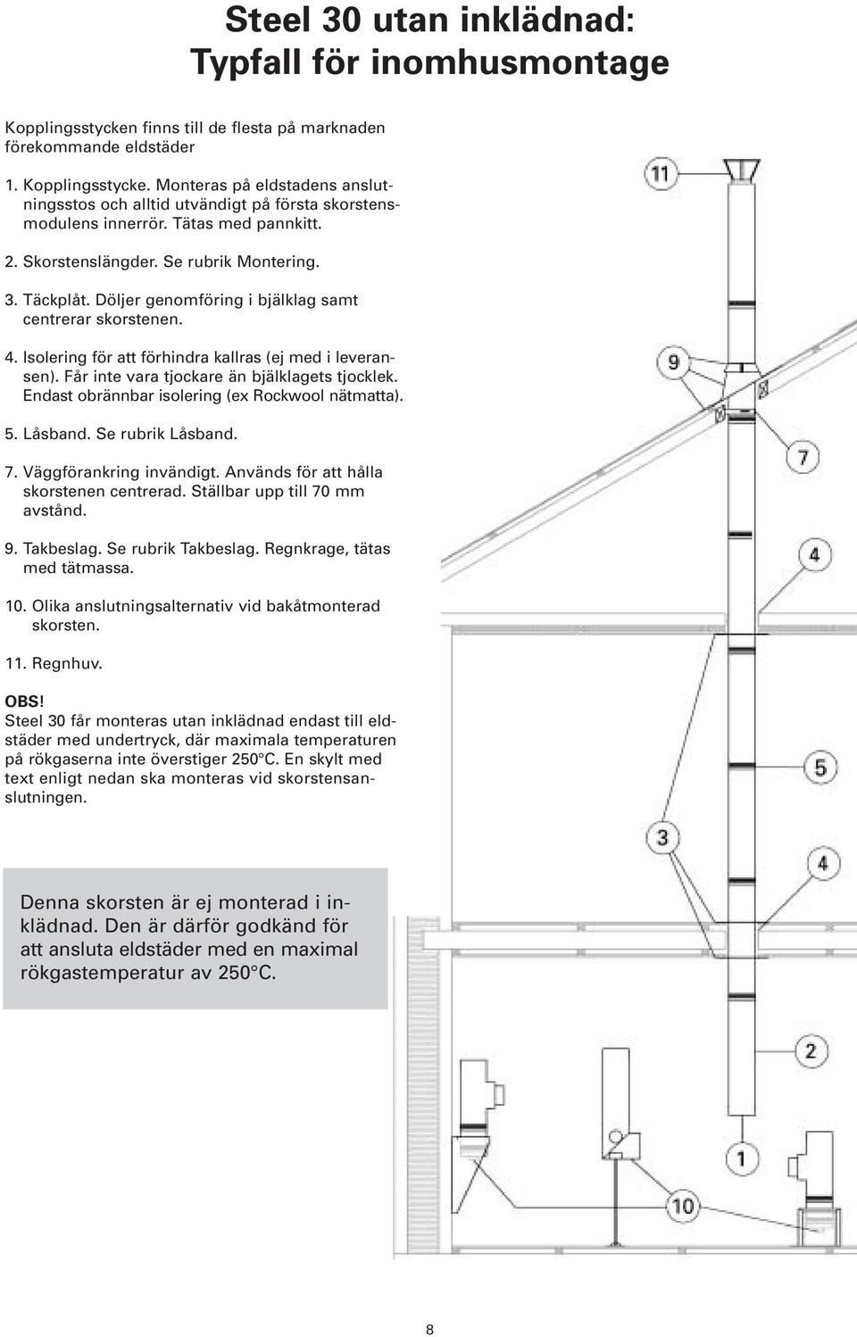 Får inte vara tjockare än bjälklagets tjocklek. Endast obrännbar isolering (ex Rockwool nätmatta). 5. Låsband. Se rubrik Låsband. 7. Väggförankring invändigt.