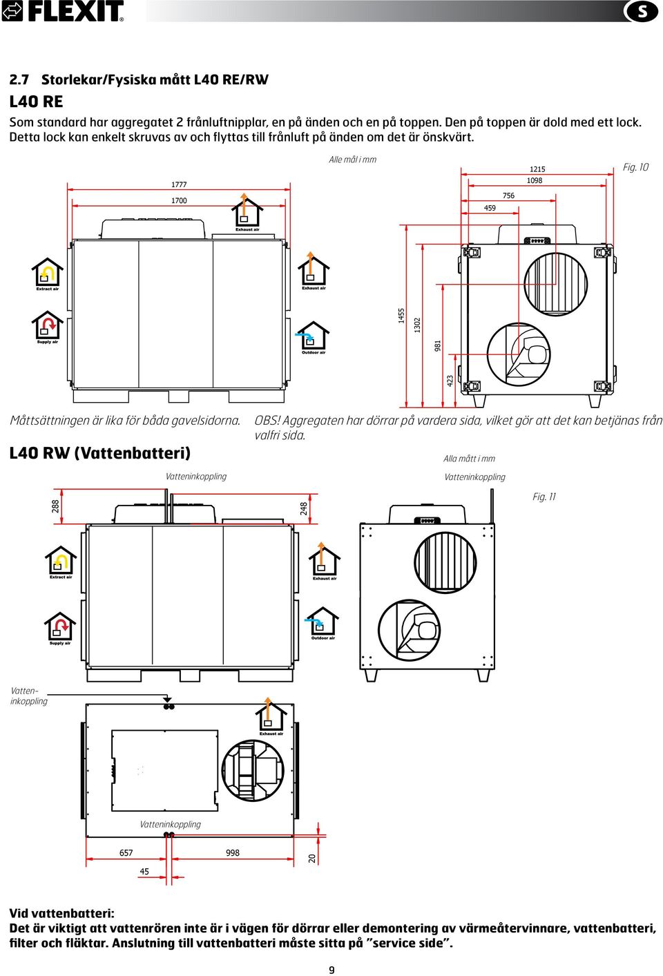 10 423 981 1455 1302 Måttsättningen är lika för båda gavelsidorna. L40 RW (Vattenbatteri) OBS! Aggregaten har dörrar på vardera sida, vilket gör att det kan betjänas från valfri sida.