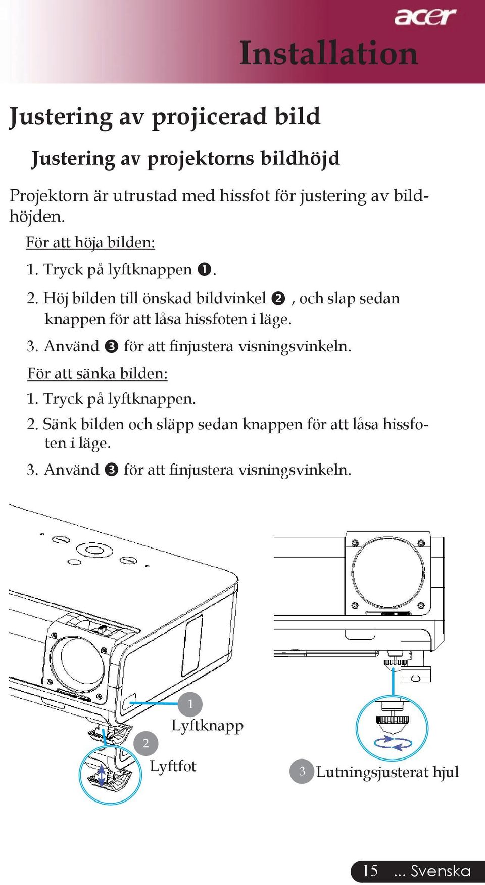 Höj bilden till önskad bildvinkel, och slap sedan knappen för att låsa hissfoten i läge. 3. Använd för att finjustera visningsvinkeln.