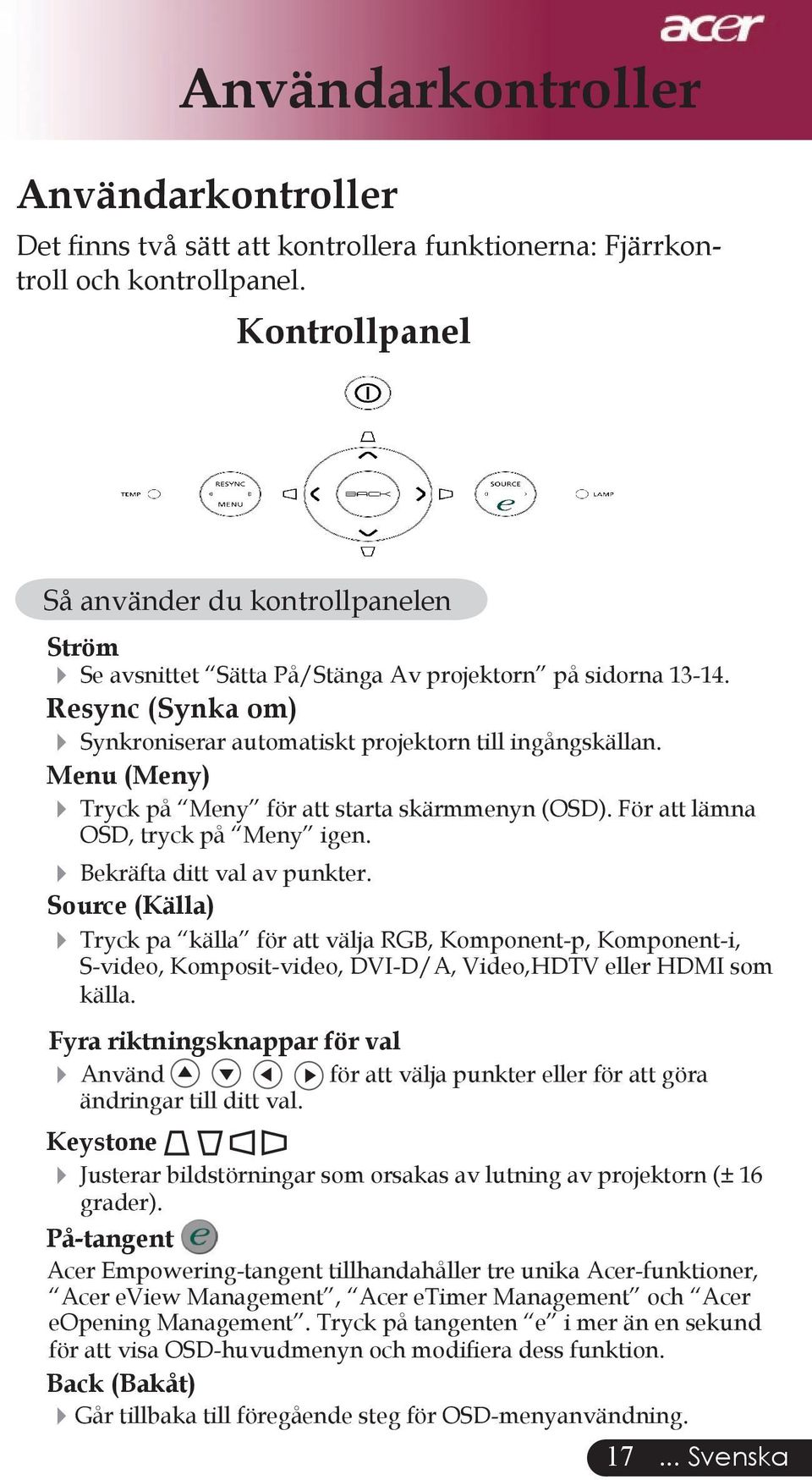 Menu (Meny) Tryck på Meny för att starta skärmmenyn (OSD). För att lämna OSD, tryck på Meny igen. Bekräfta ditt val av punkter.