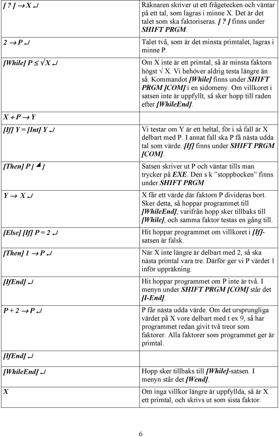 Kommadot [While] fis uder SHIFT PRGM [COM] i e sidomey. Om villkoret i satse ite är uppfyllt, så sker hopp till rade efter [WhileEd]. Vi testar om Y är ett heltal, för i så fall är X delbart med P.