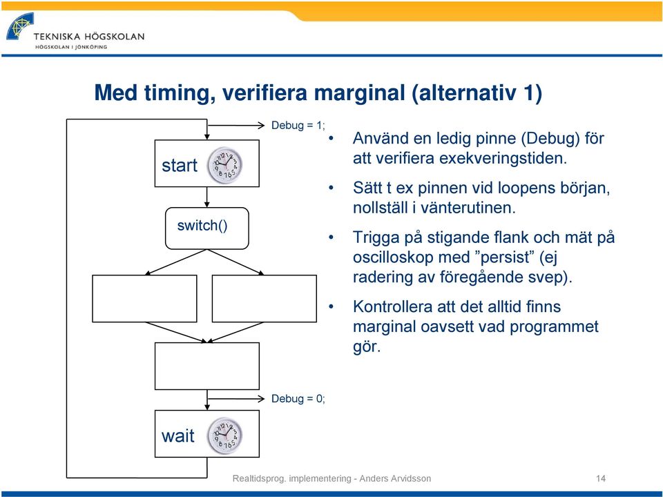 Trigga på stigande flank och mät på oscilloskop med persist (ej radering av föregående svep).