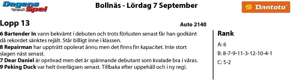 Inte stort slagen näst senast. 7 Dear Daniel är oprövad men det är spännande debutant som kvalade bra i våras.