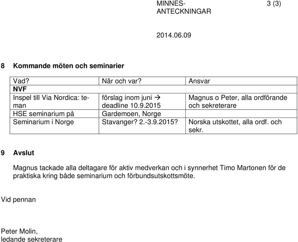2015 Magnus o Peter, alla ordförande och sekreterare HSE seminarium på Gardemoen, Norge Seminarium i Norge Stavanger? 2.-3.9.2015? Norska utskottet, alla ordf.