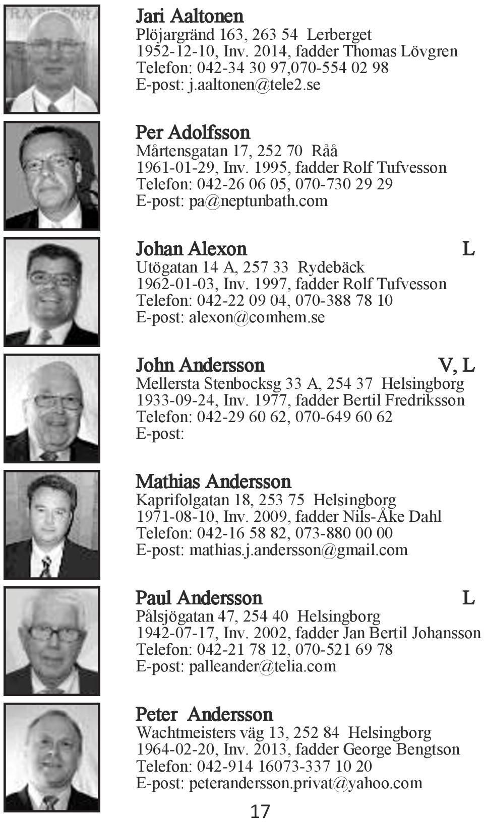 com Johan Alexon Utögatan 14 A, 257 33 Rydebäck 1962-01-03, Inv. 1997, fadder Rolf Tufvesson Telefon: 042-22 09 04, 070-388 78 10 E-post: alexon@comhem.