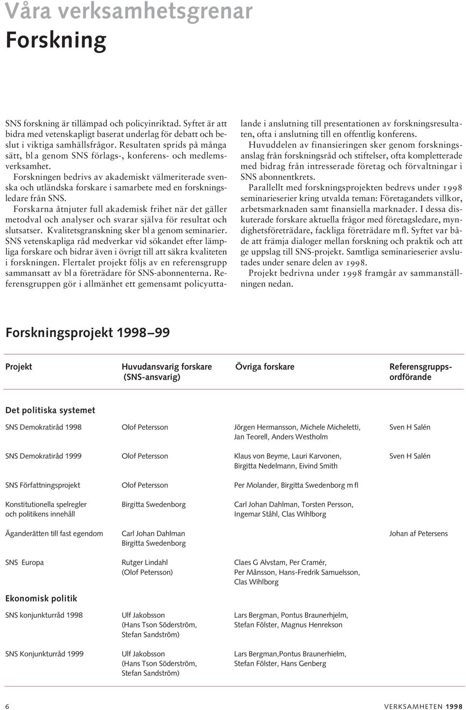 Forskningen bedrivs av akademiskt välmeriterade svenska och utländska forskare i samarbete med en forskningsledare från SNS.