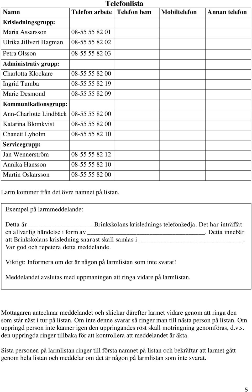 82 00 Chanett Lyholm 08-55 55 82 10 Servicegrupp: Jan Wennerström 08-55 55 82 12 Annika Hansson 08-55 55 82 10 Martin Oskarsson 08-55 55 82 00 Larm kommer från det övre namnet på listan.