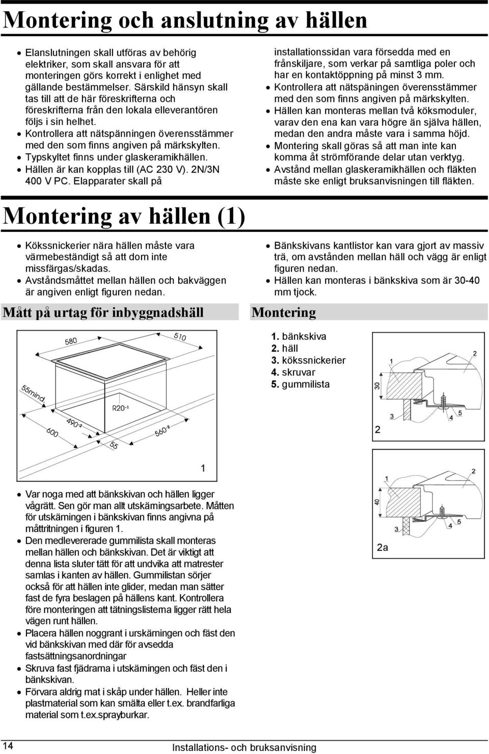 Kontrollera att nätspänningen överensstämmer med den som finns angiven på märkskylten. Typskyltet finns under glaskeramikhällen. Hällen är kan kopplas till (AC 230 V). 2N/3N 400 V PC.