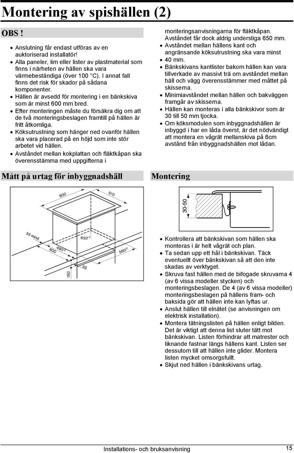 Hällen är avsedd för montering i en bänkskiva som är minst 600 mm bred. Efter monteringen måste du försäkra dig om att de två monteringsbeslagen framtill på hällen är fritt åtkomliga.