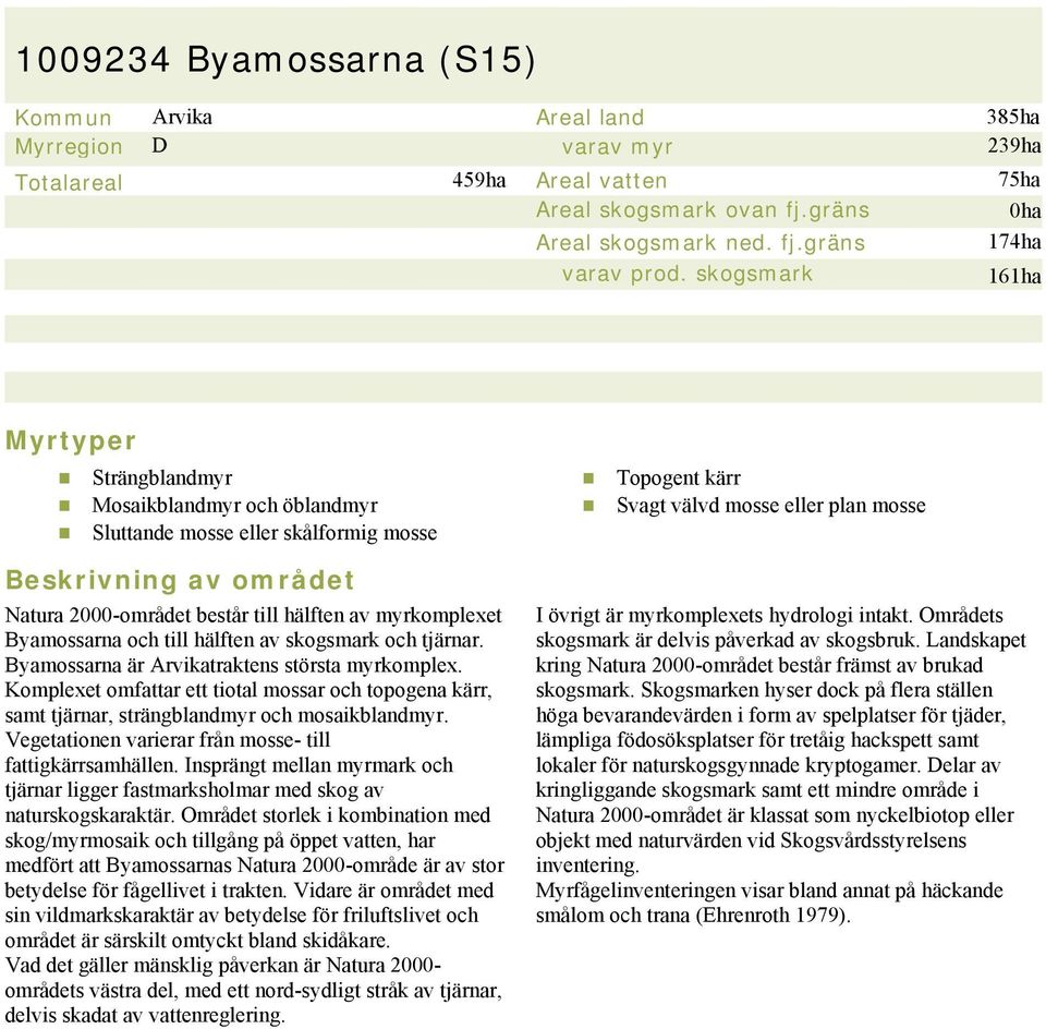 myrkomplexet Byamossarna och till hälften av skogsmark och tjärnar. Byamossarna är Arvikatraktens största myrkomplex.