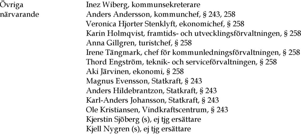 Thord Engström, teknik- och serviceförvaltningen, 258 Aki Järvinen, ekonomi, 258 Magnus Evensson, Statkraft, 243 Anders Hildebrantzon, Statkraft,