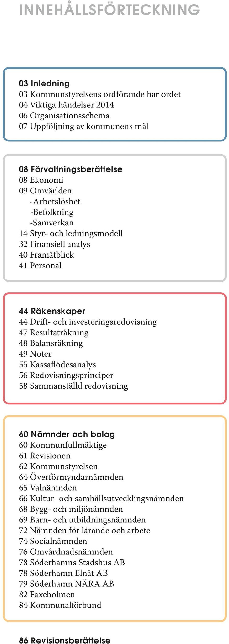 Kassaflödesanalys 56 Redovisningsprinciper 58 Sammanställd redovisning 60 Nämnder och bolag 60 Kommunfullmäktige 61 Revisionen 62 Kommunstyrelsen 64 Överförmyndarnämnden 65 Valnämnden 66 Kultur- och