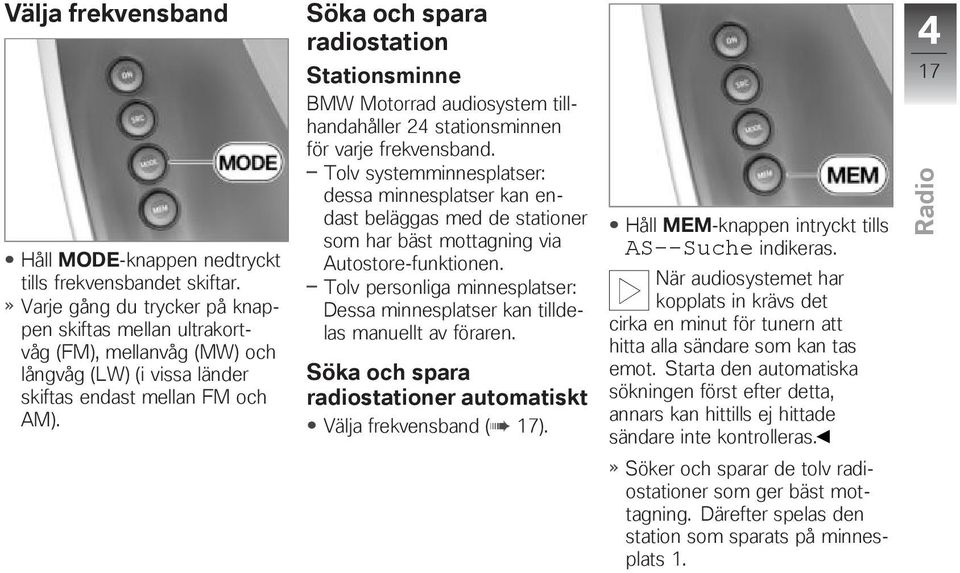 Söka och spara radiostation Stationsminne BMW Motorrad audiosystem tillhandahåller 24 stationsminnen för varje frekvensband.