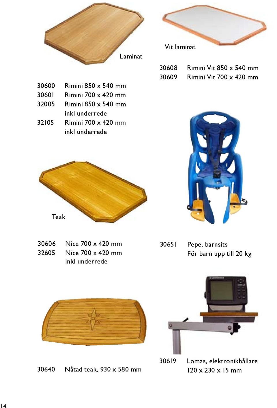 700 x 420 mm Teak 30606 Nice 700 x 420 mm 32605 Nice 700 x 420 mm inkl underrede 30651 Pepe, barnsits