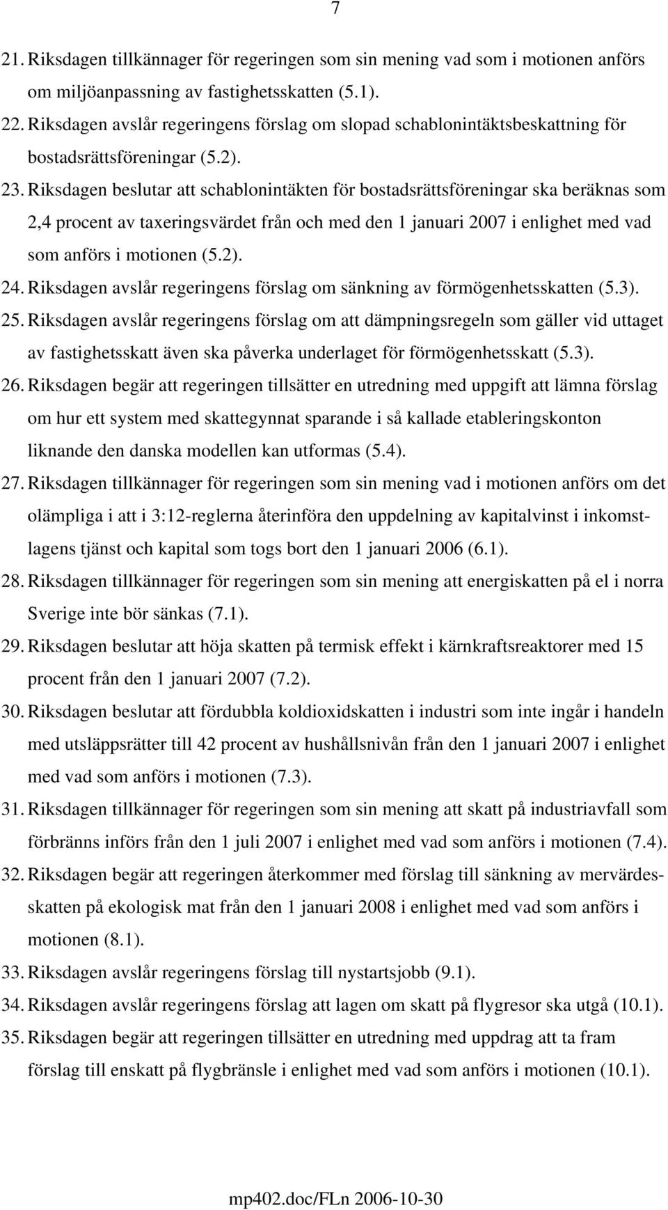 Riksdagen beslutar att schablonintäkten för bostadsrättsföreningar ska beräknas som 2,4 procent av taxeringsvärdet från och med den 1 januari 2007 i enlighet med vad som anförs i motionen (5.2). 24.