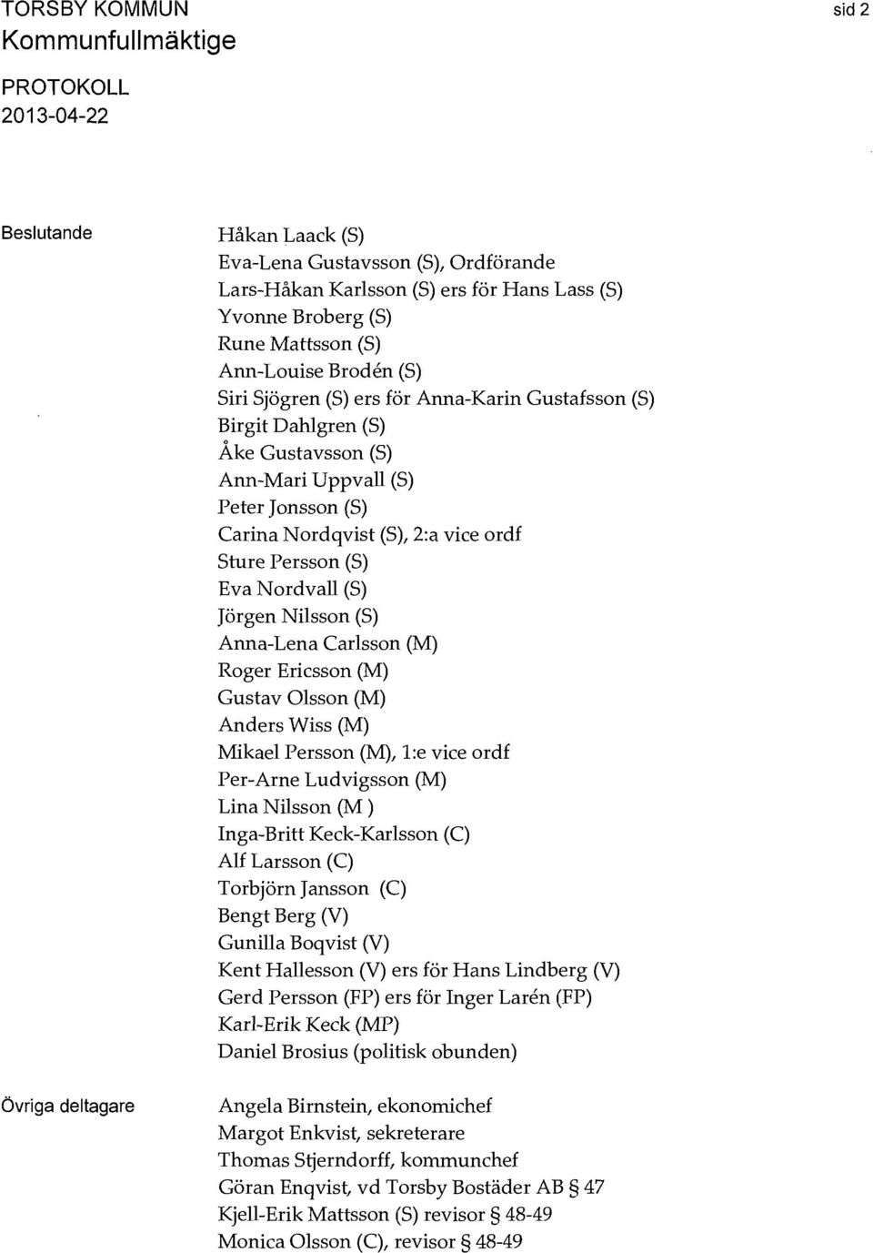 Persson (S) Eva Nordvall (S) Jörgen Nilsson (S) Anna-Lena Carlsson (M) Roger Ericsson (M) Gustav Olsson (M) Anders Wiss (M) Mikael Persson (M), l:e vice ordf Per-Arne Ludvigsson (M) Lina Nilsson (M )