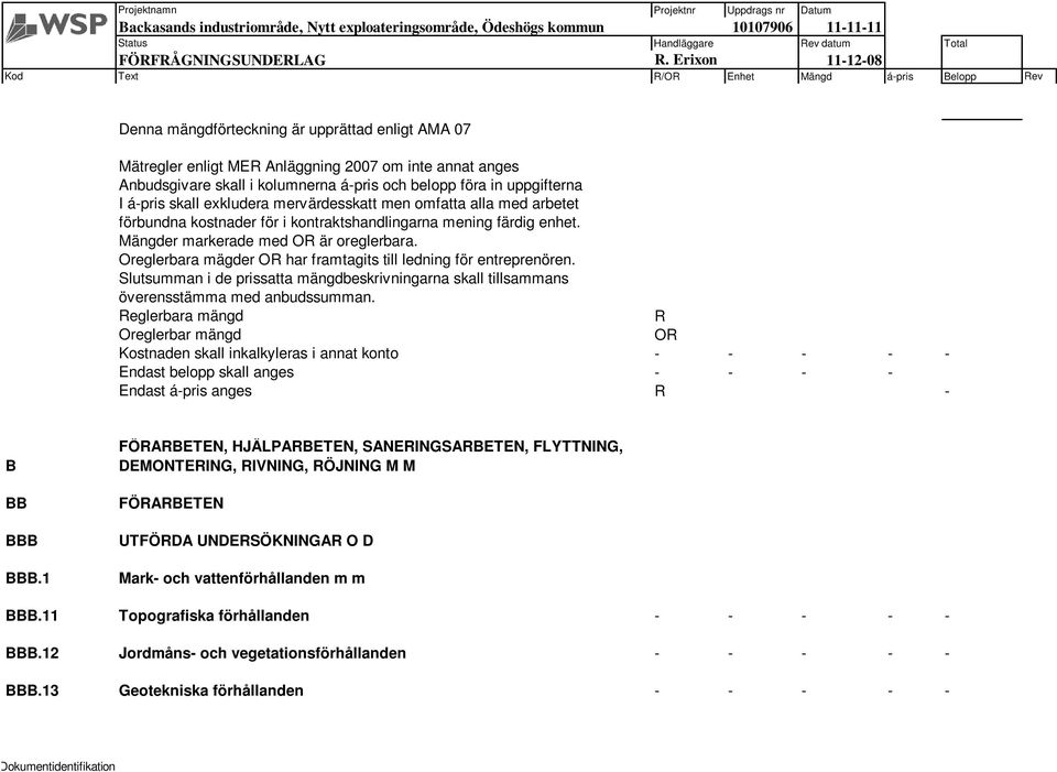 Oreglerbara mägder OR har framtagits till ledning för entreprenören. Slutsumman i de prissatta mängdbeskrivningarna skall tillsammans överensstämma med anbudssumman.