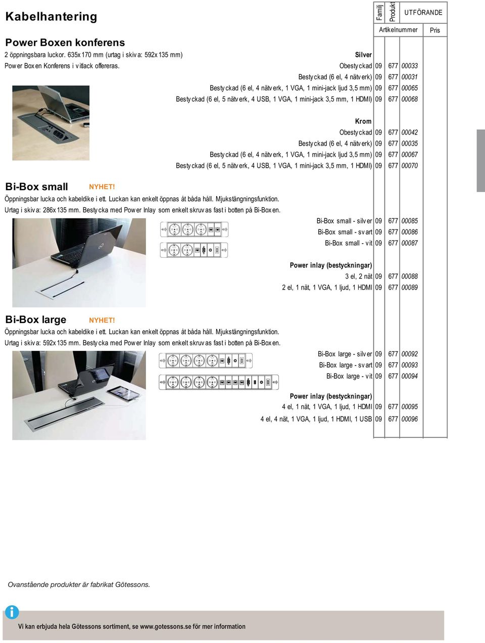 3,5 mm, 1 HDMI) 09 677 00068 Pris Krom Obesty ckad 09 677 00042 Besty ckad (6 el, 4 nätv erk) 09 677 00035 Besty ckad (6 el, 4 nätv erk, 1 GA, 1 mini-jack ljud 3,5 mm) 09 677 00067 Besty ckad (6 el,