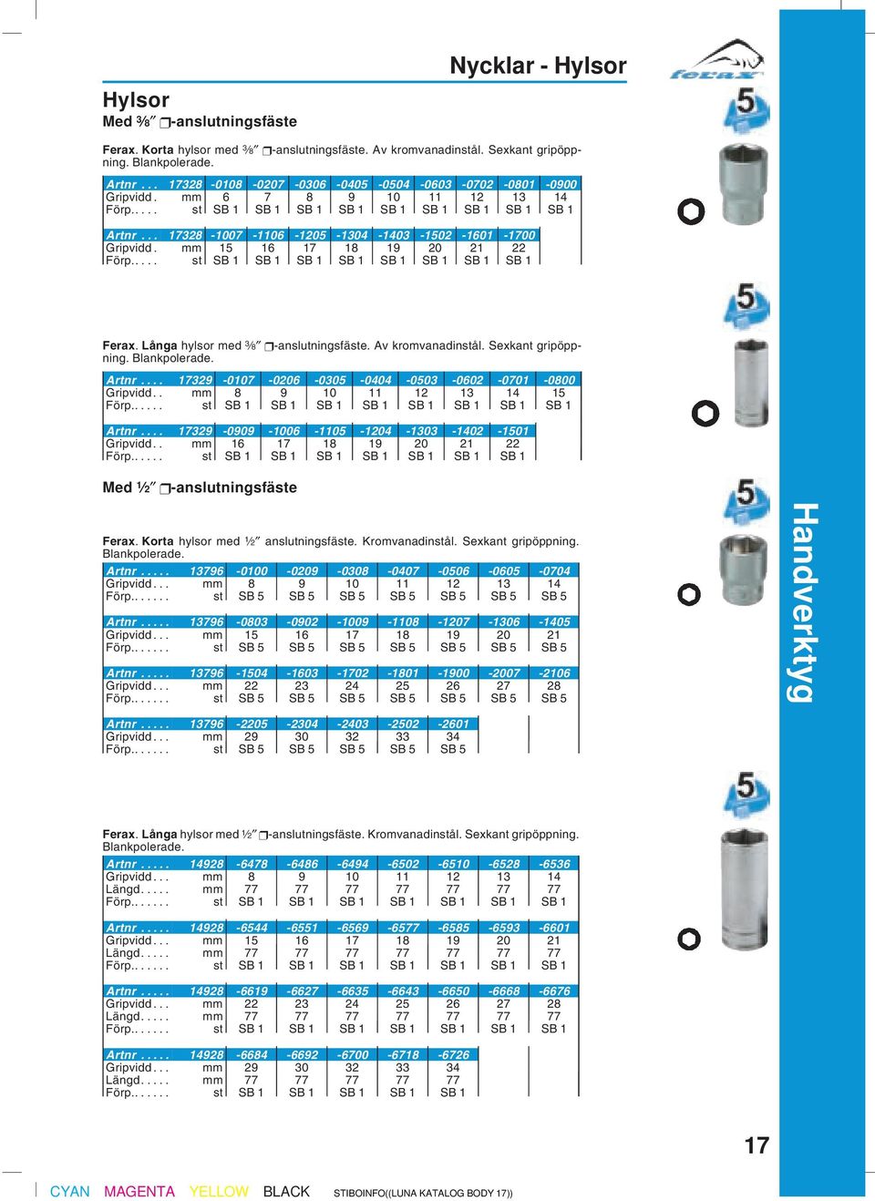 .. 17328-1007 -1106-1205 -1304-1403 -1502-1601 -1700 Gripvidd. mm 15 16 17 18 19 20 21 22 Förp... st SB 1 SB 1 SB 1 SB 1 SB 1 SB 1 SB 1 SB 1 Ferax. Långa hylsor med 3 8 -anslutningsfäste.