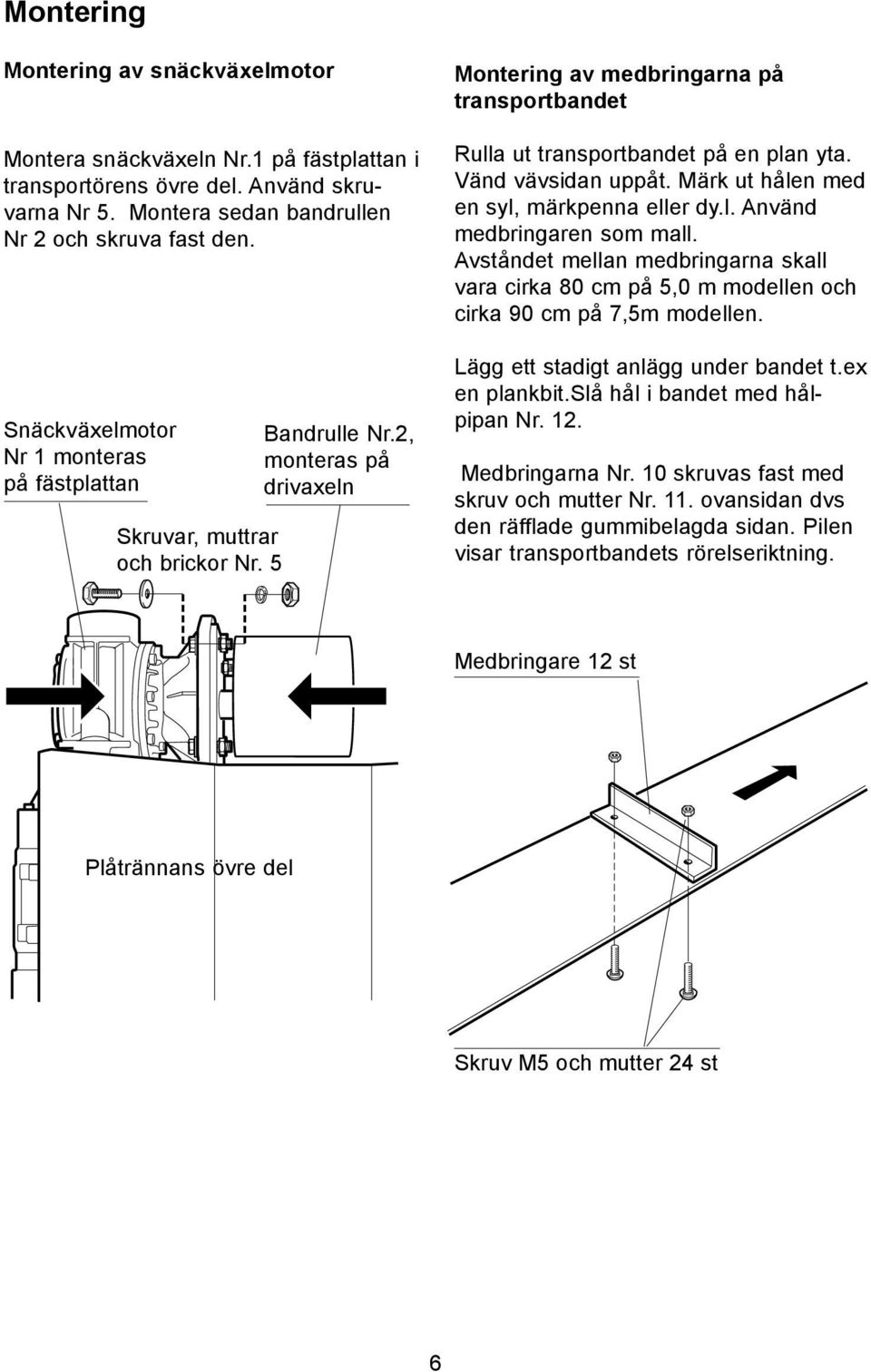 2, monteras på drivaxeln Montering av medbringarna på transportbandet Rulla ut transportbandet på en plan yta. Vänd vävsidan uppåt. Märk ut hålen med en syl, märkpenna eller dy.l. Använd medbringaren som mall.