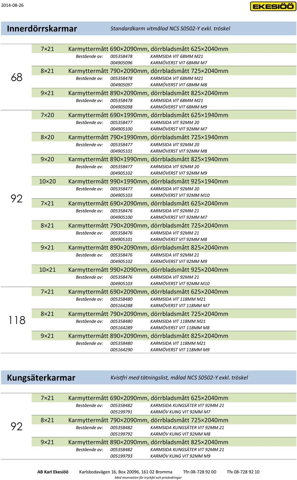 2040mm Bestående av: 005358478 KARMSIDA VIT 68MM M21 004905097 KARMÖVERST VIT 68MM M8 9 21 Karmyttermått 890 2090mm, dörrbladsmått 825 2040mm Bestående av: 005358478 KARMSIDA VIT 68MM M21 004905098