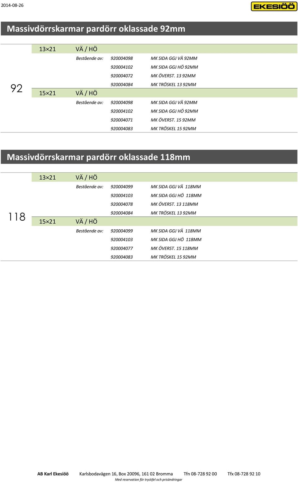 15 MM 0004083 MK TRÖSKEL 15 MM Massivdörrskarmar pardörr oklassade 118mm 118 13 21 VÄ / HÖ 15 21 VÄ / HÖ Bestående av: 0004099 MK SIDA GGJ VÄ 118MM 0004103