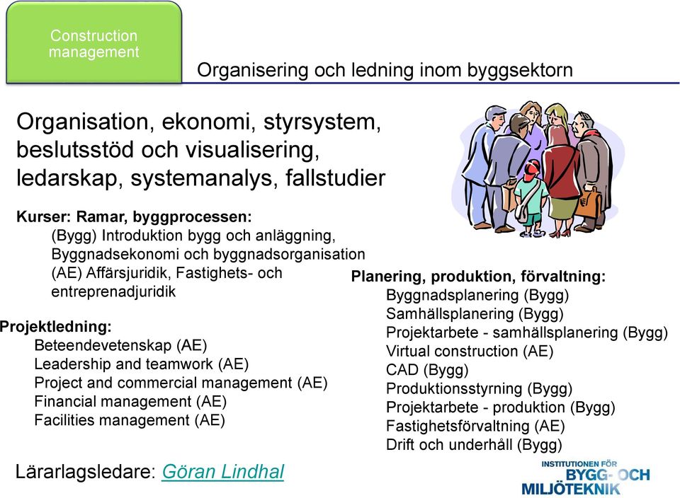 (AE) Project and commercial management (AE) Financial management (AE) Facilities management (AE) Lärarlagsledare: Göran Lindhal Planering, produktion, förvaltning: Byggnadsplanering (Bygg)