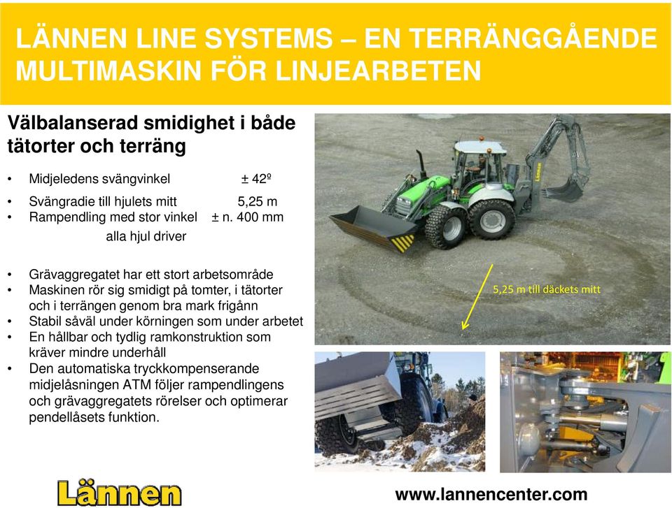 400 mm alla hjul driver Grävaggregatet har ett stort arbetsområde Maskinen rör sig smidigt på tomter, i tätorter och i terrängen genom bra mark frigånn Stabil