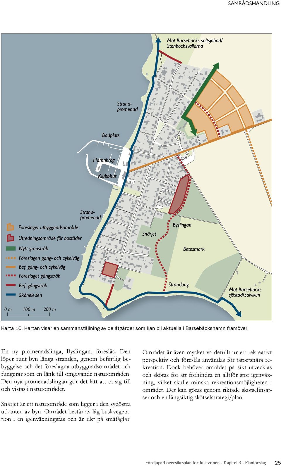 Kartan visar en sammanställning av de åtgärder som kan bli aktuella i Barsebäckshamn framöver. En ny promenadslinga, Byslingan, föreslås.