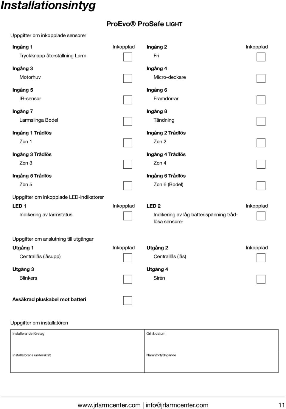 Trådlös Zon 5 Ingång 6 Trådlös Zon 6 (Bodel) Uppgifter om inkopplade LED-indikatorer LED 1 Inkopplad LED 2 Inkopplad Indikering av larmstatus Indikering av låg batterispänning trådlösa sensorer