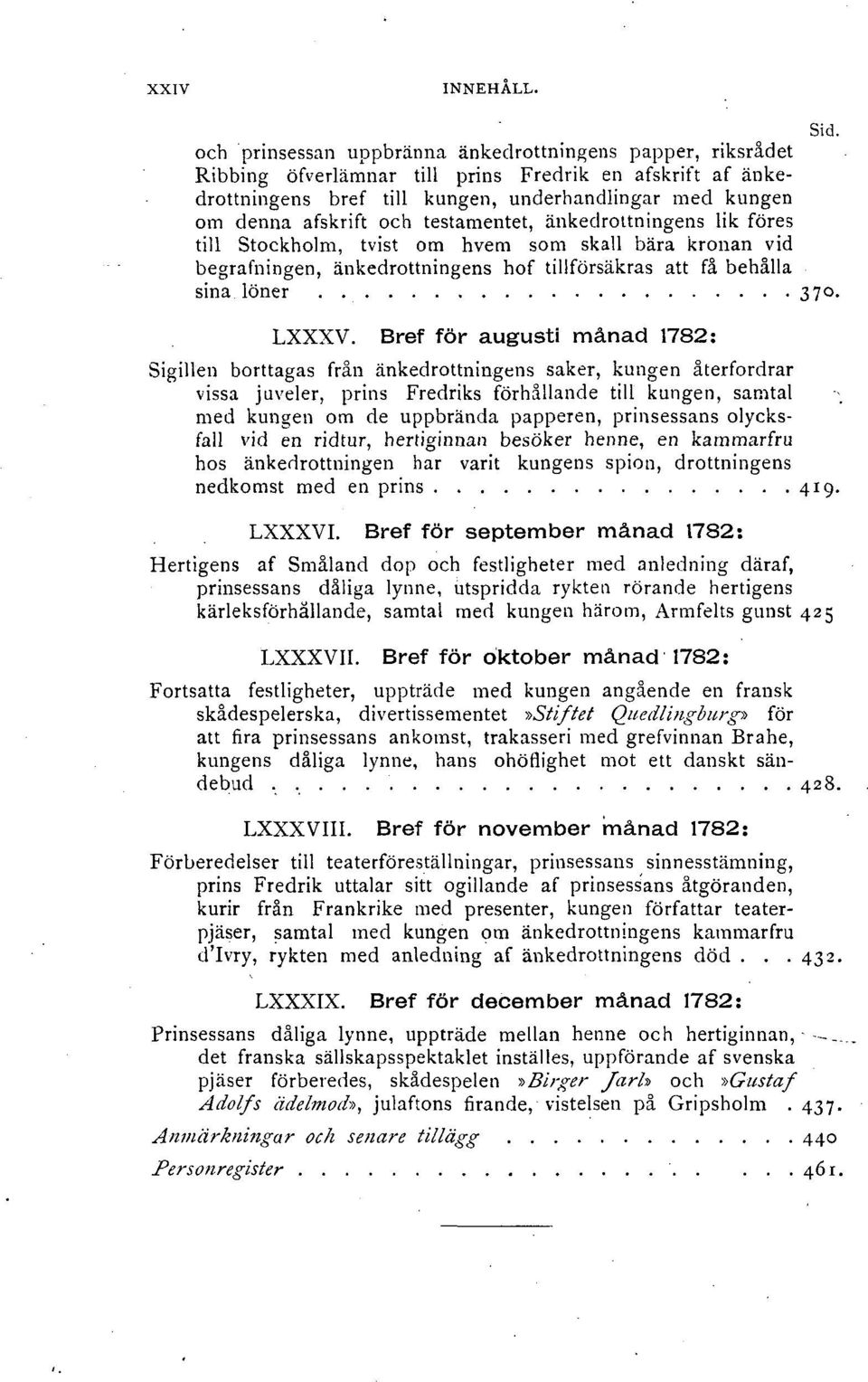 testamentet, änkedrottningens lik föres till Stockholm, tvist om hvem som skall bära kronan vid begrafningen, änkedrottningens hof tillförsäkras att få behålla sina löner. 370. LXXXV.