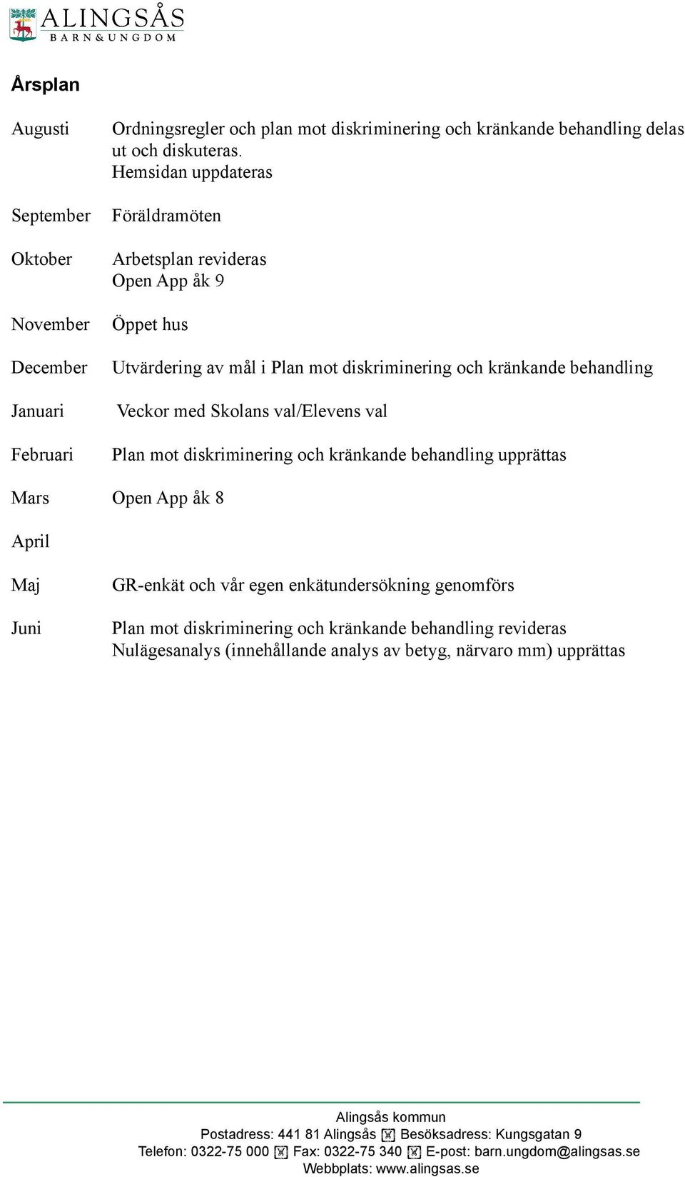 Januari Veckor med Skolans val/elevens val Februari Plan mot diskriminering och kränkande behandling upprättas Mars Open App åk 8 April Maj Juni GR-enkät