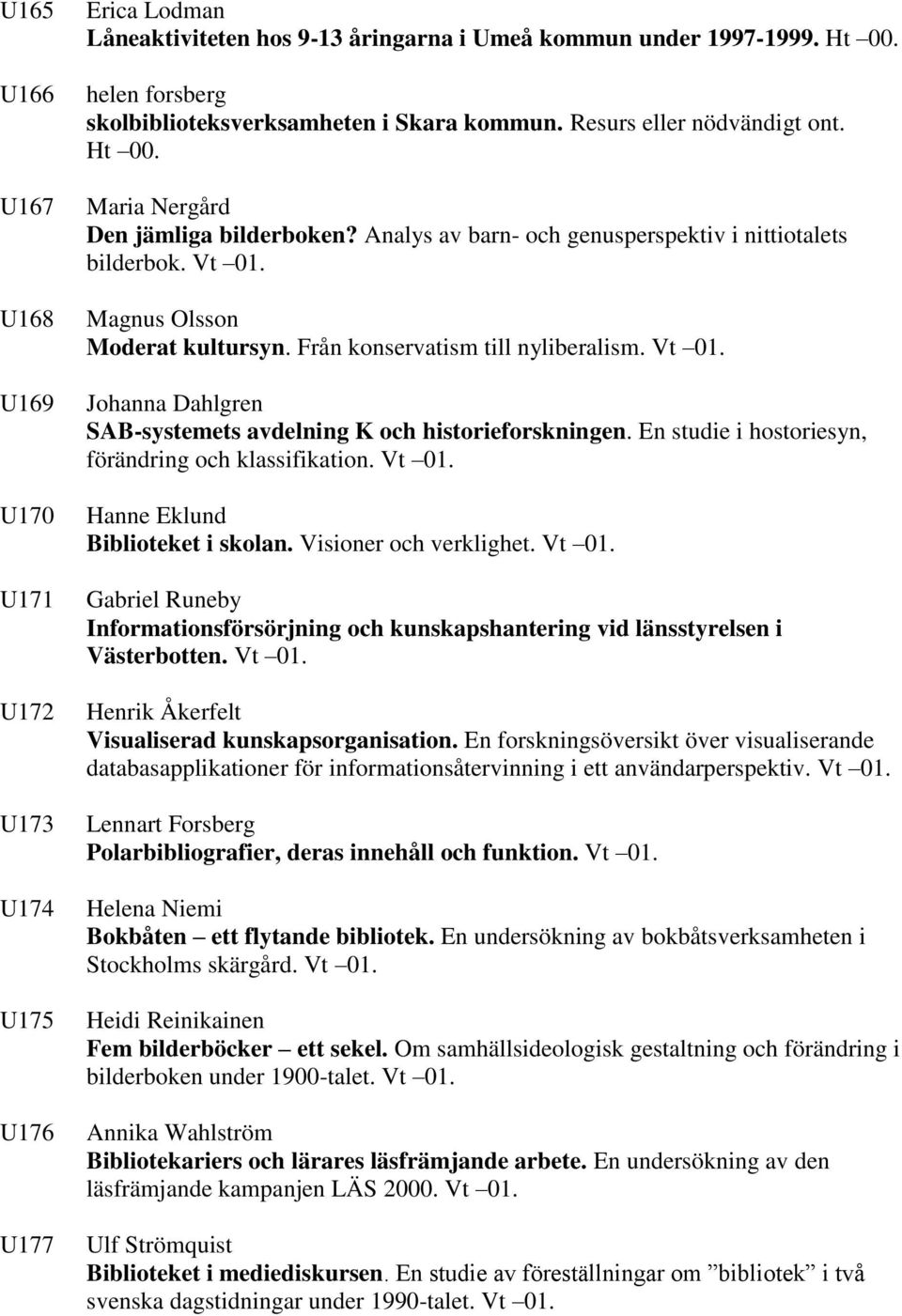 Vt 01. Magnus Olsson Moderat kultursyn. Från konservatism till nyliberalism. Vt 01. Johanna Dahlgren SAB-systemets avdelning K och historieforskningen.