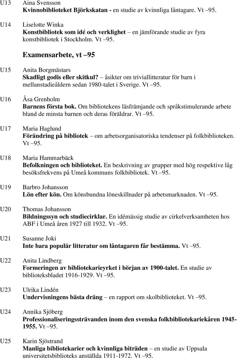 Examensarbete, vt 95 U15 U16 U17 U18 U19 U20 U21 U22 U23 U24 U25 Anita Borgmästars Skadligt godis eller skitkul? åsikter om triviallitteratur för barn i mellanstadieåldern sedan 1980-talet i Sverige.