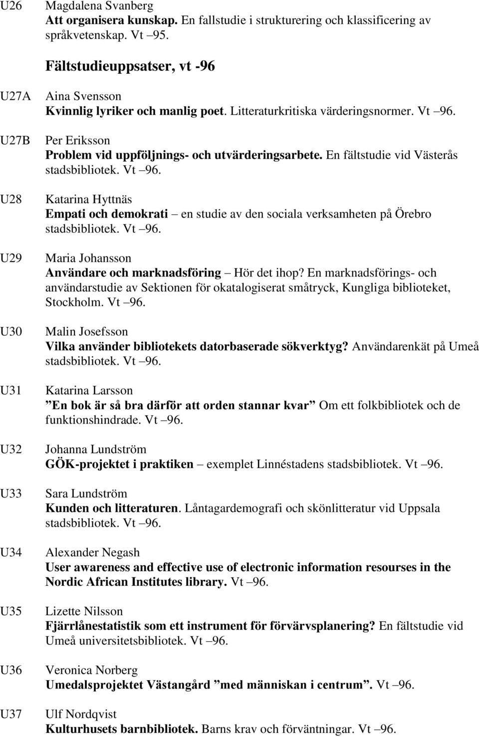 Per Eriksson Problem vid uppföljnings- och utvärderingsarbete. En fältstudie vid Västerås stadsbibliotek. Vt 96.