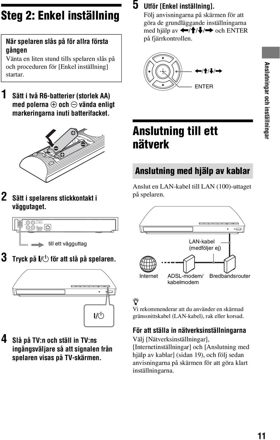 Följ anvisningarna på skärmen för att göra de grundläggande inställningarna med hjälp av </M/m/, och ENTER på fjärrkontrollen.