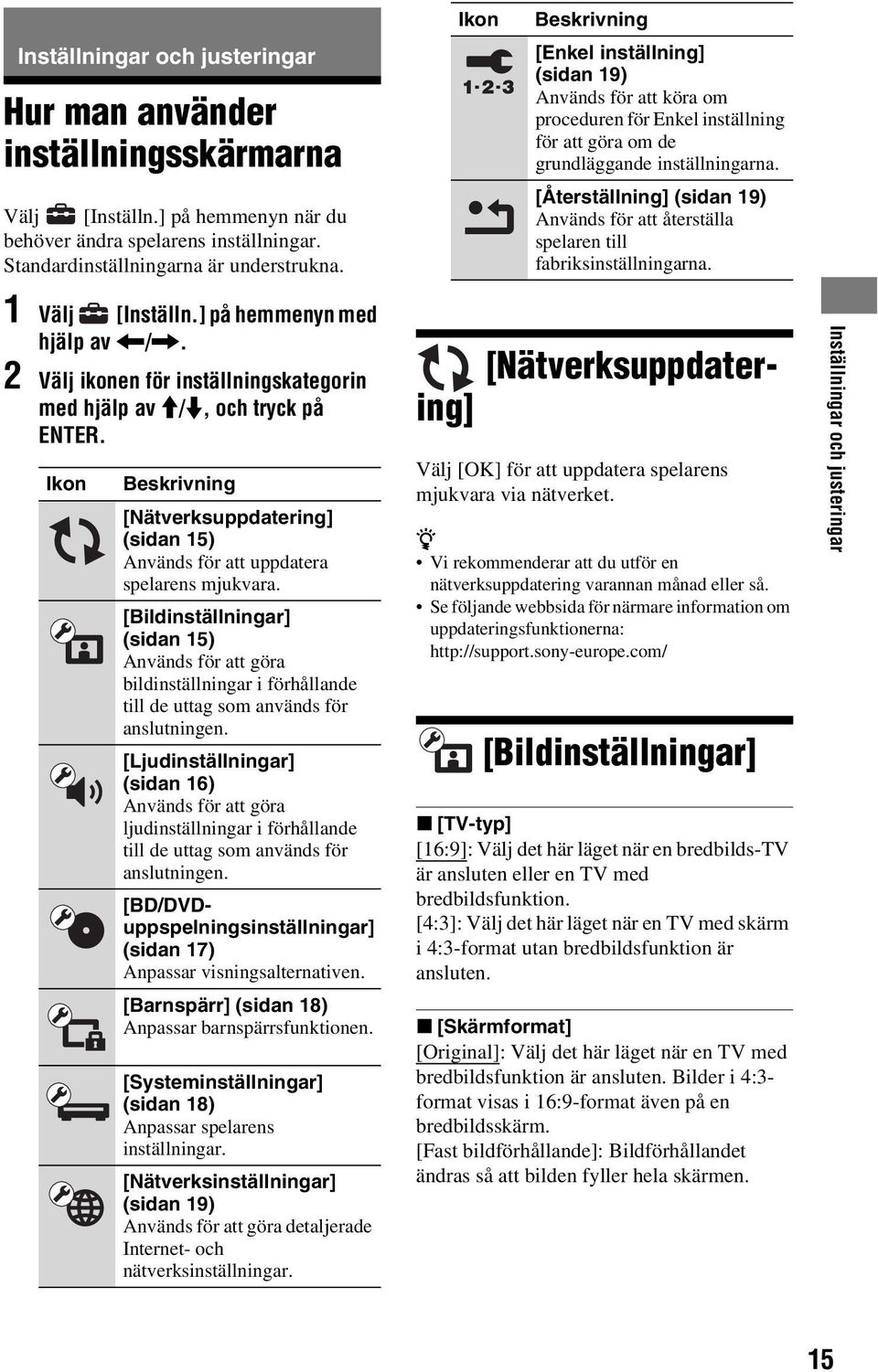 [Återställning] (sidan 19) Används för att återställa spelaren till fabriksinställningarna. 1 Välj [Inställn.] på hemmenyn med hjälp av </,.