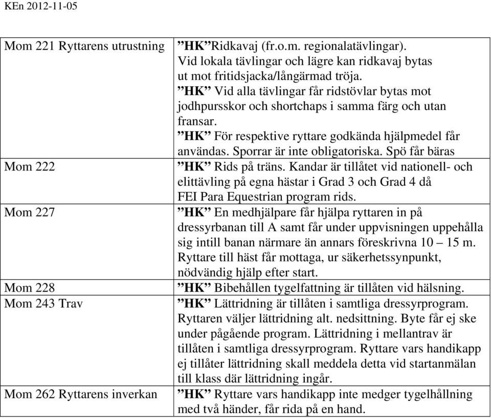 Spö får bäras Mom 222 HK Rids på träns. Kandar är tillåtet vid nationell- och elittävling på egna hästar i Grad 3 och Grad 4 då FEI Para Equestrian program rids.