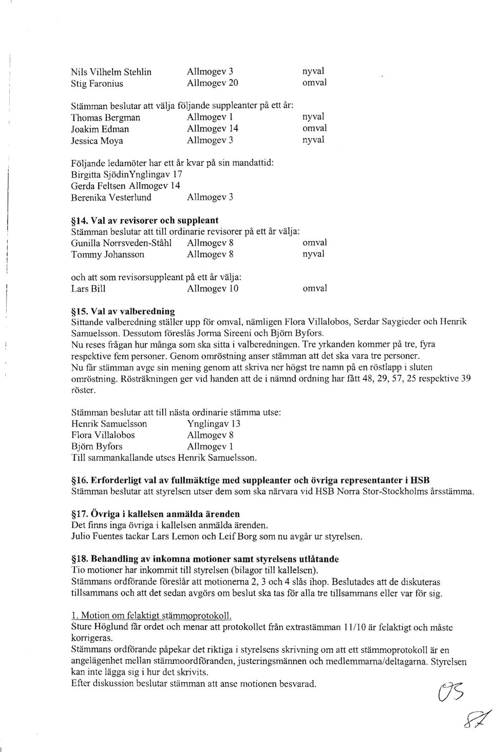 Val av revisorer och suppleant Stämman beslutar att till ordinarie revisorer på ett år välja: Gunilla Norrsveden-Ståhl Allmogev 8 omval Tommy Johansson Allmogev 8 och att som revisorsuppleant på ett