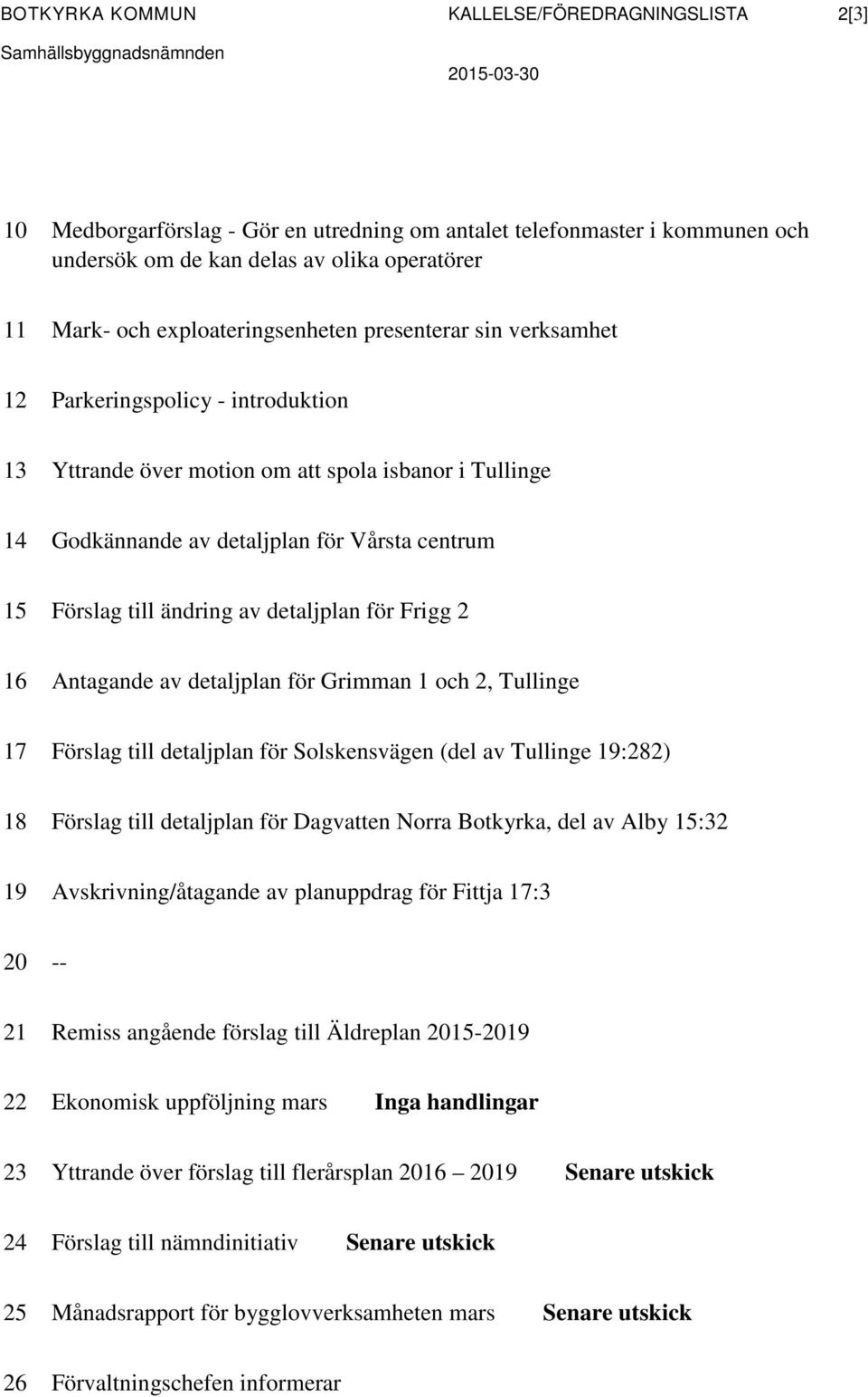 Vårsta centrum 15 Förslag till ändring av detaljplan för Frigg 2 16 Antagande av detaljplan för Grimman 1 och 2, Tullinge 17 Förslag till detaljplan för Solskensvägen (del av Tullinge 19:282) 18