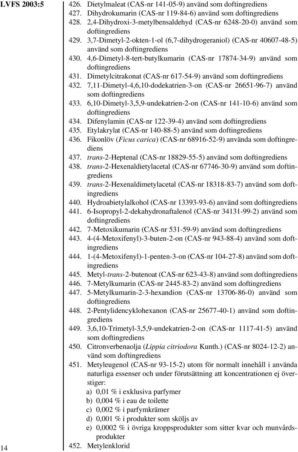 4,6-Dimetyl-8-tert-butylkumarin (CAS-nr 17874-34-9) använd som doftingrediens 431. Dimetylcitrakonat (CAS-nr 617-54-9) använd som doftingrediens 432.