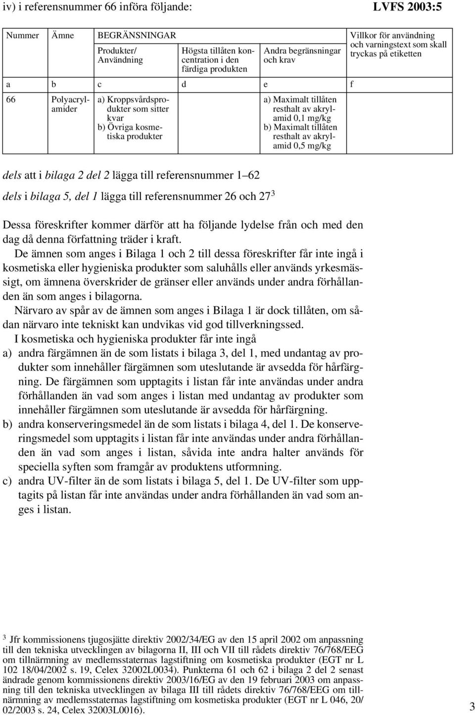 mg/kg b) Maximalt tillåten resthalt av akrylamid 0,5 mg/kg dels att i bilaga 2 del 2 lägga till referensnummer 1 62 dels i bilaga 5, del 1 lägga till referensnummer 26 och 27 3 Dessa eskrifter kommer