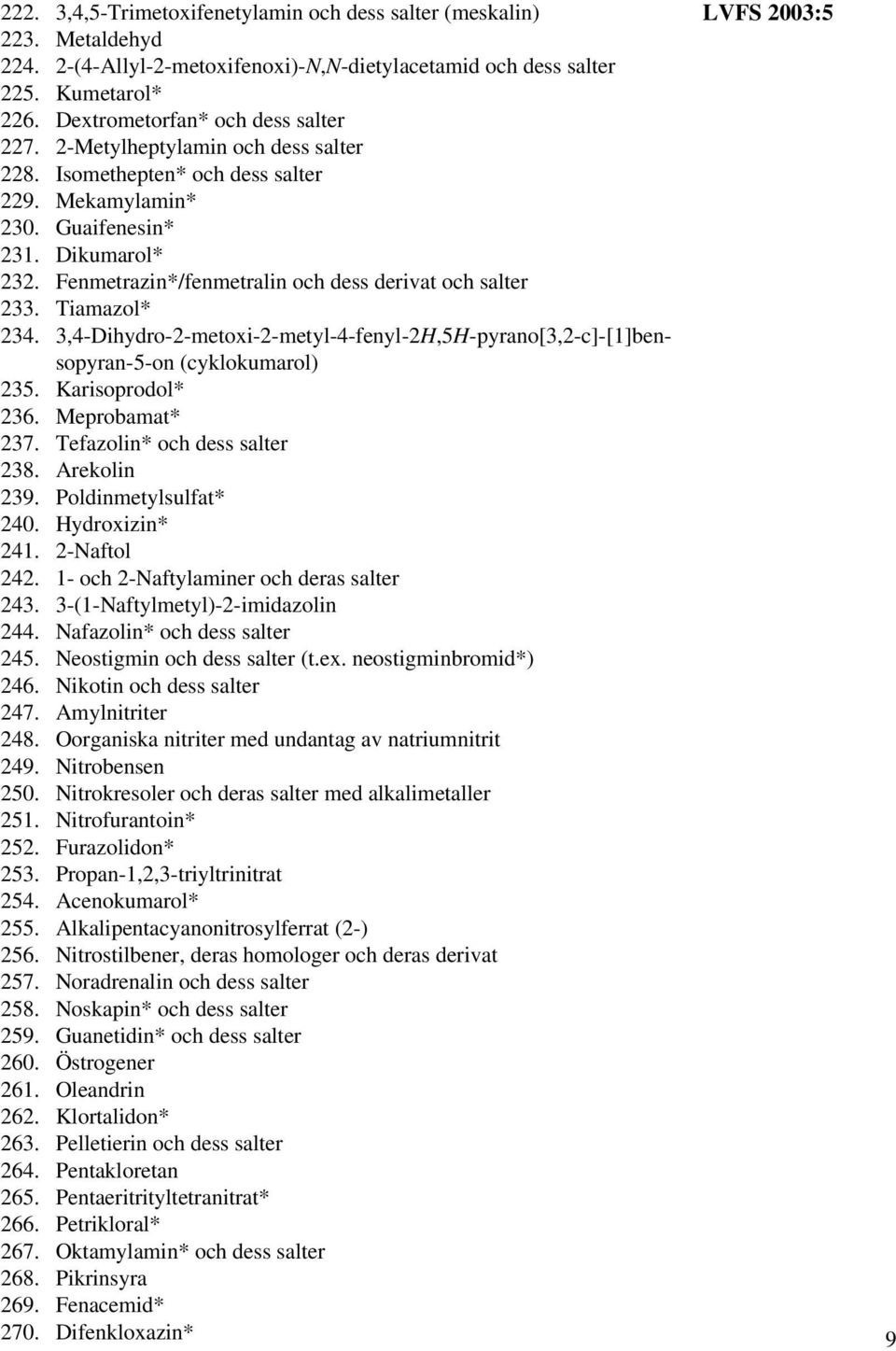 3,4-Dihydro-2-metoxi-2-metyl-4-fenyl-2H,5H-pyrano[3,2-c]-[1]bensopyran-5-on (cyklokumarol) 235. Karisoprodol* 236. Meprobamat* 237. Tefazolin* 238. Arekolin 239. Poldinmetylsulfat* 240.