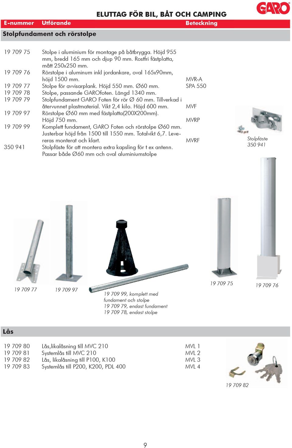 Stolpfundament GARO Foten för rör Ø 60 mm. Tillverkad i återvunnet plastmaterial. Vikt 2,4 kilo. Höjd 600 mm. Rörstolpe Ø60 mm med fästplatta(200x200mm). Höjd 750 mm.