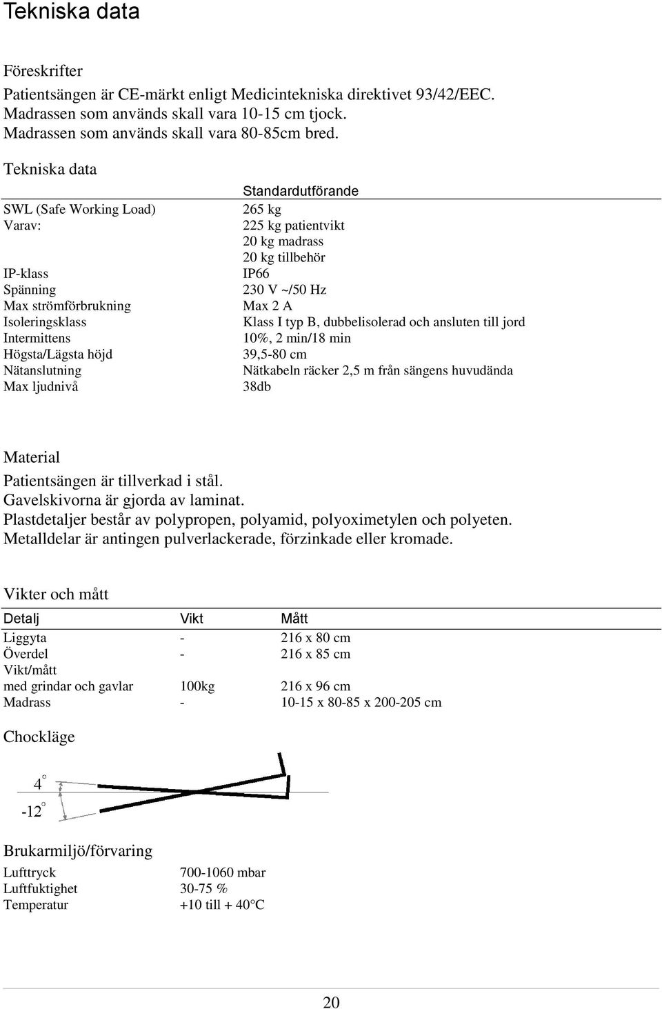 patientvikt 20 kg madrass 20 kg tillbehör IP66 230 V ~/50 Hz Max 2 A Klass I typ B, dubbelisolerad och ansluten till jord 0%, 2 min/8 min 39,5-80 cm Nätkabeln räcker 2,5 m från sängens huvudända 38db