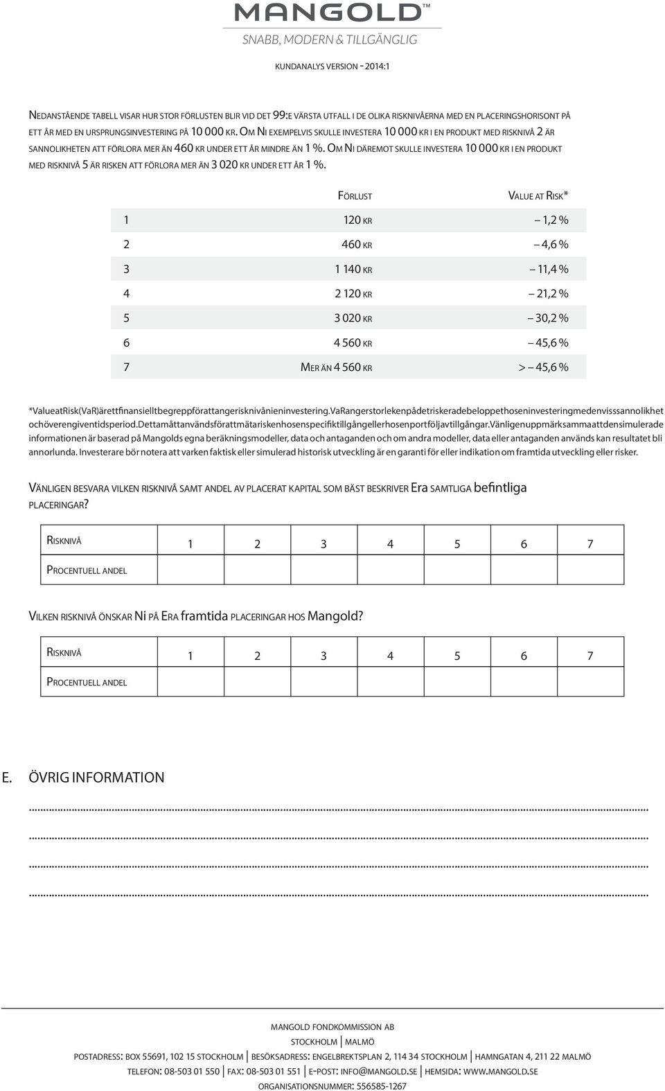 Om Ni däremot skulle investera 10 000 kr i en produkt med risknivå 5 är risken att förlora mer än 3 020 kr under ett år 1 %.