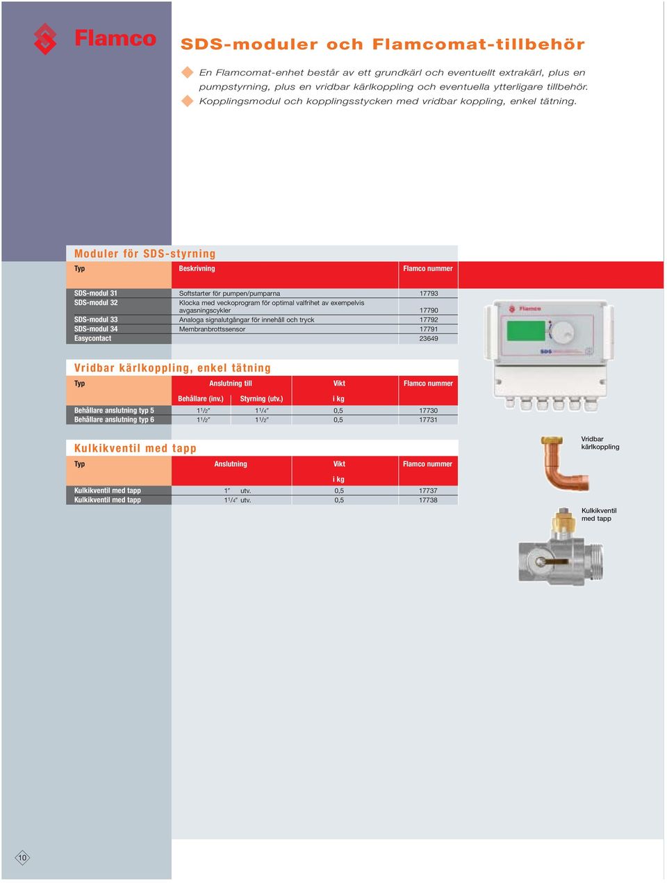 Moduler för SDS-styrning Beskrivning Flamco nummer SDS-modul 31 Softstarter för pumpen/pumparna 17793 SDS-modul 32 Klocka med veckoprogram för optimal valfrihet av exempelvis avgasningscykler 17790