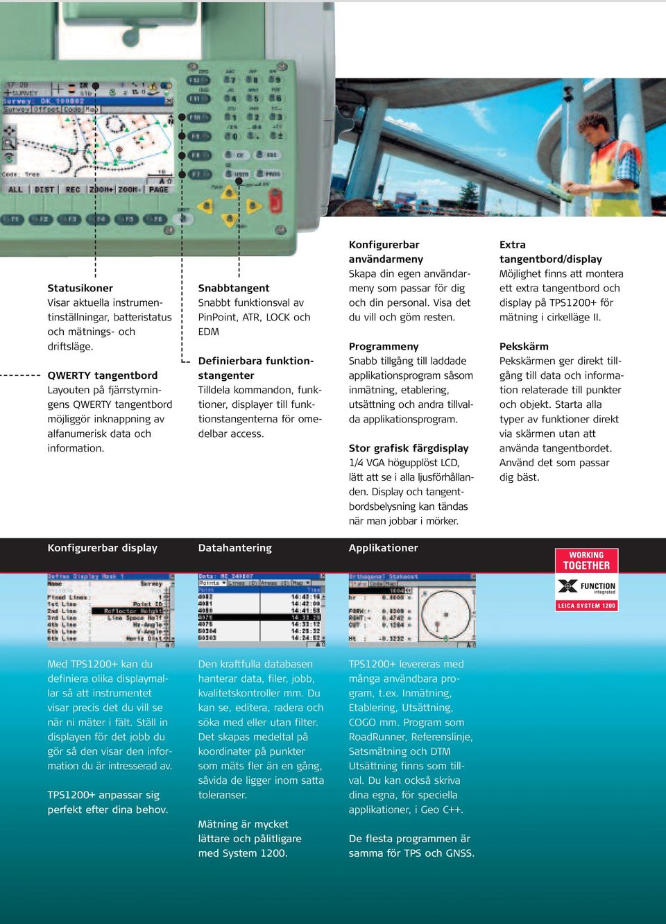 Snabbtangent Snabbt funktionsval av PinPoint, ATR, LOCK och EDM Definierbara funktionstangenter Tilldela kommandon, funktioner, displayer till funktionstangenterna för omedelbar access.