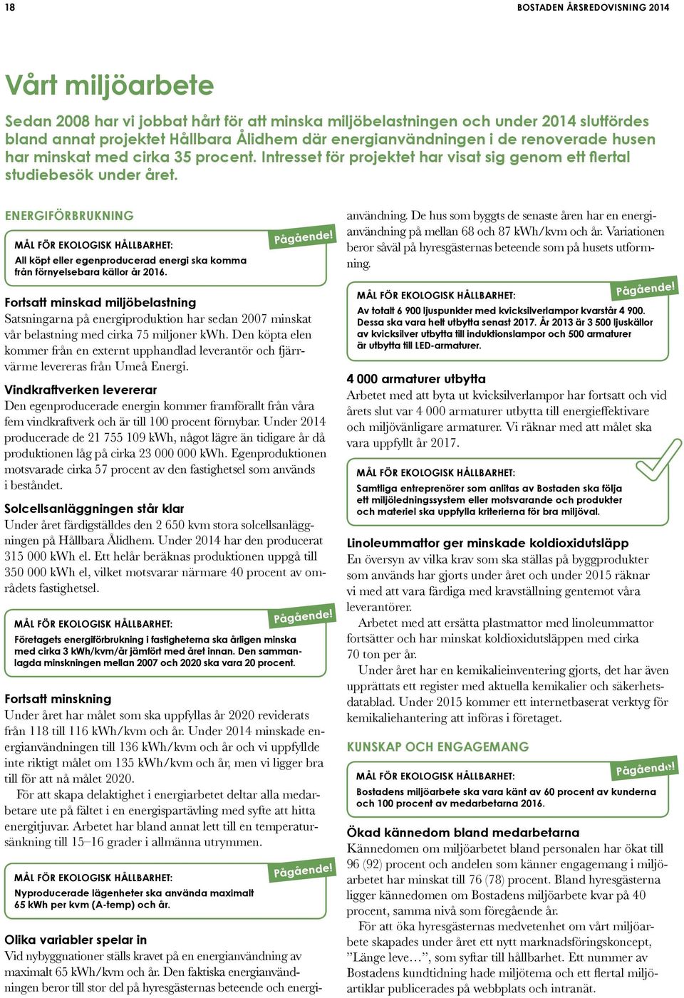 ENERGIFÖRBRUKNING MÅL FÖR EKOLOGISK HÅLLBARHET: All köpt eller egenproducerad energi ska komma från förnyelsebara källor år 2016. Pågående!