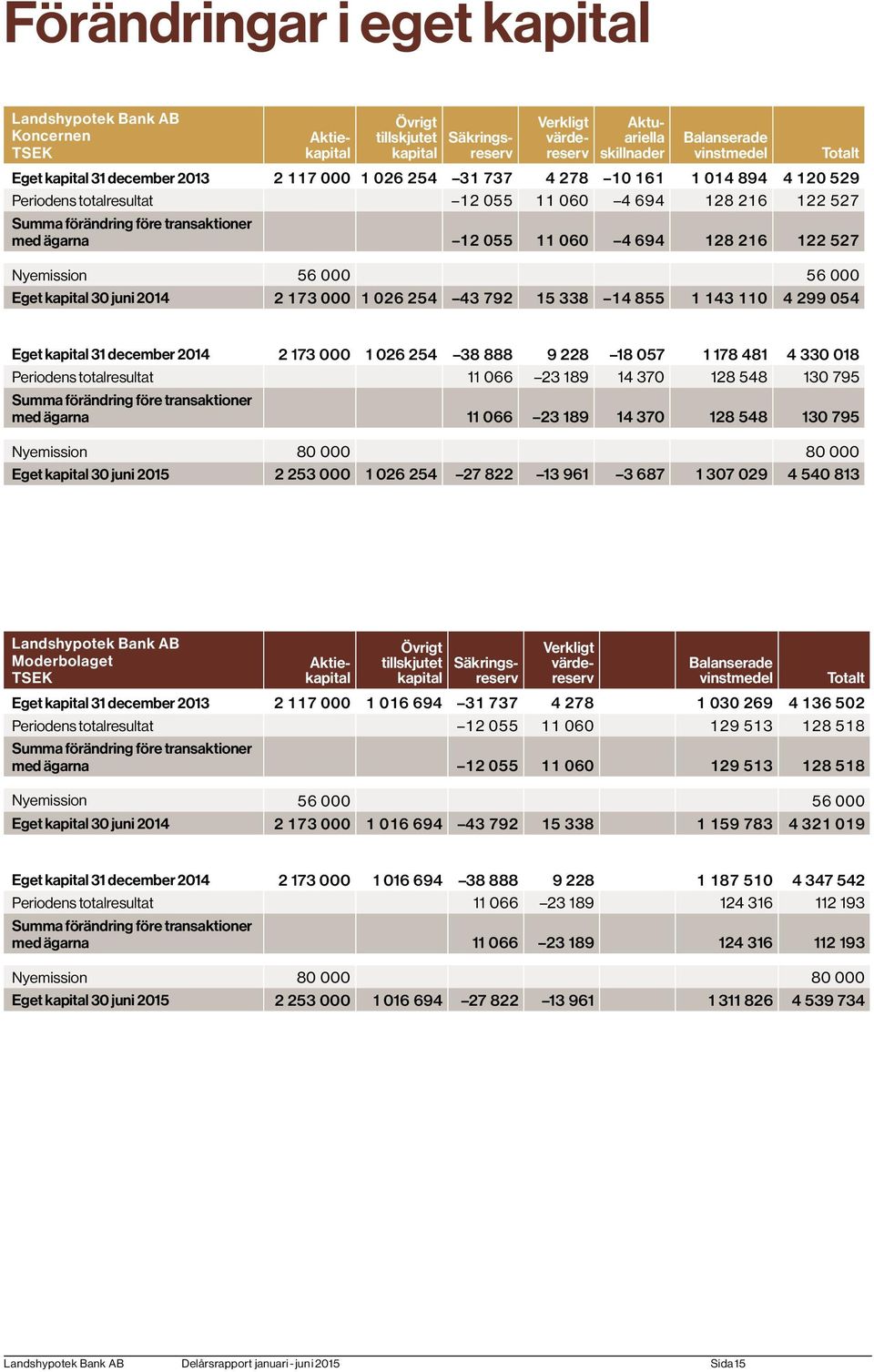 694 128 216 122 527 Nyemission 56 000 56 000 Eget kapital 30 juni 2 173 000 1 026 254 43 792 15 338 14 855 1 143 110 4 299 054 Totalt Eget kapital 31 december 2 173 000 1 026 254 38 888 9 228 18 057